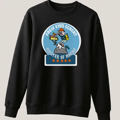 Cartoon graphic of Egbert with camera, colorful text above him. — printed on a unisex sweatshirt