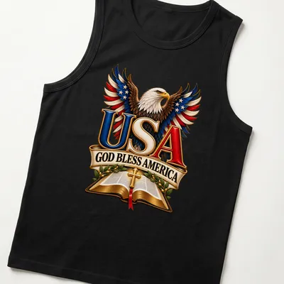Detailed illustration of an eagle with patriotic text USA God Bless America — printed on a tank top