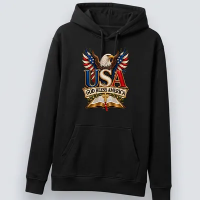 Detailed illustration of an eagle with patriotic text USA God Bless America — printed on a unisex hoodie