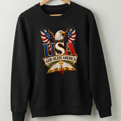 Detailed illustration of an eagle with patriotic text USA God Bless America — printed on a unisex sweatshirt