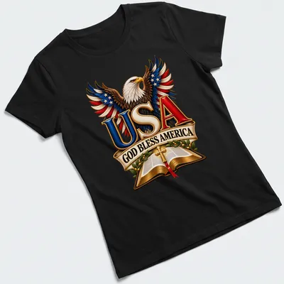 Detailed illustration of an eagle with patriotic text USA God Bless America — printed on a women's shirt