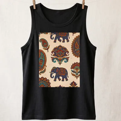 Doodle illustration of an elephant in bright colors for Indian festival celebration — printed on a tank top