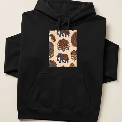 Doodle illustration of an elephant in bright colors for Indian festival celebration — printed on a unisex hoodie