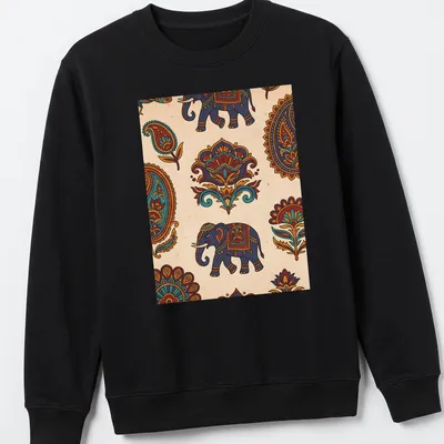 Doodle illustration of an elephant in bright colors for Indian festival celebration — printed on a unisex sweatshirt