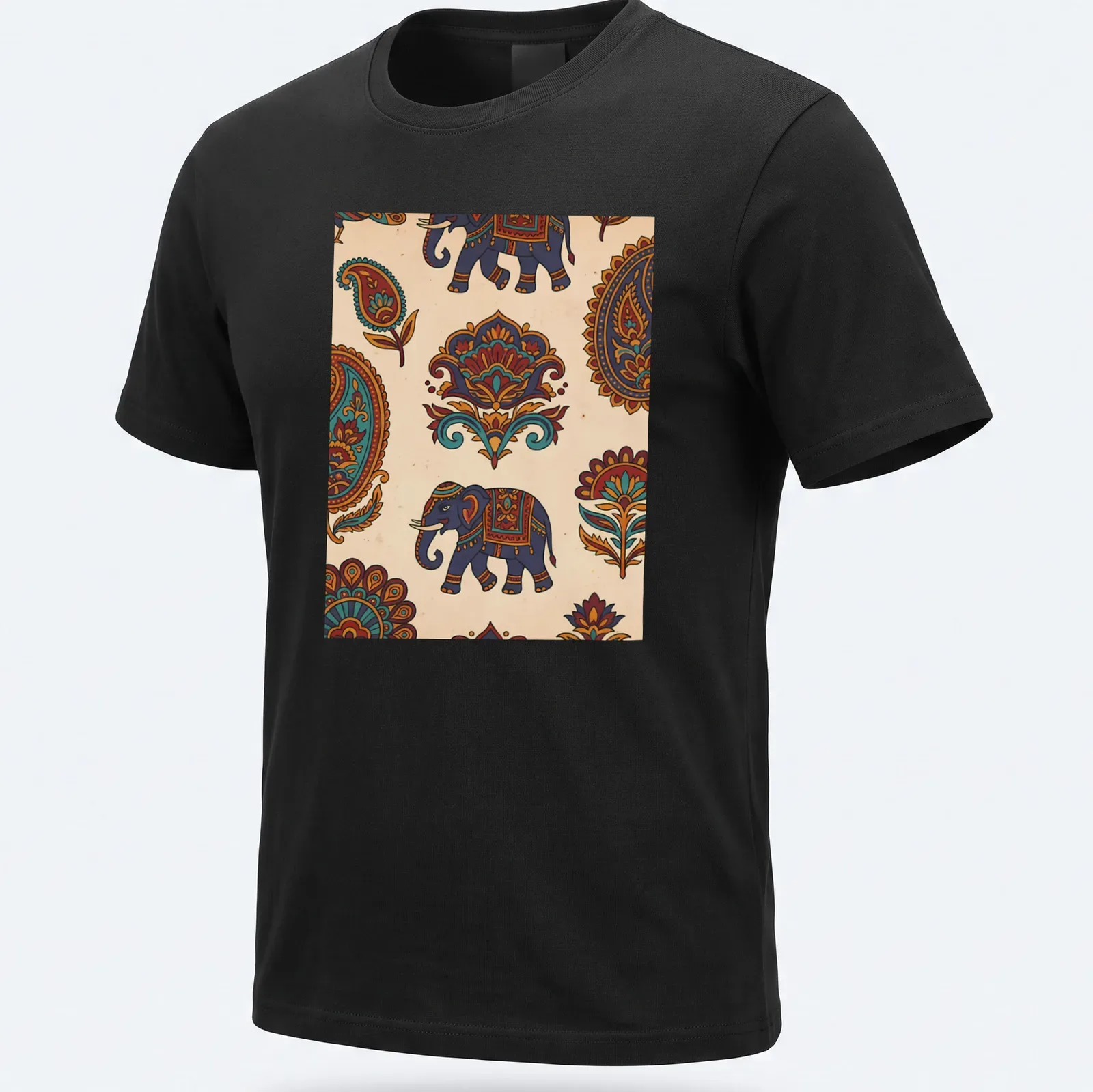 Doodle illustration of an elephant in bright colors for Indian festival celebration — printed on a unisex t-shirt