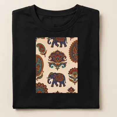 Doodle illustration of an elephant in bright colors for Indian festival celebration — printed on a women's shirt