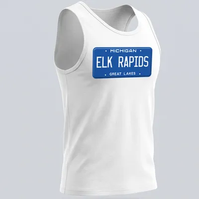 Vintage-style Elk Rapids Michigan T-shirt featuring license plate design — printed on a tank top