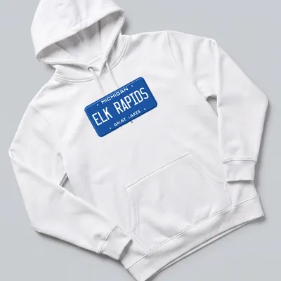 Vintage-style Elk Rapids Michigan T-shirt featuring license plate design — printed on a unisex hoodie