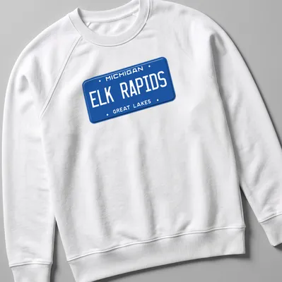 Vintage-style Elk Rapids Michigan T-shirt featuring license plate design — printed on a unisex sweatshirt