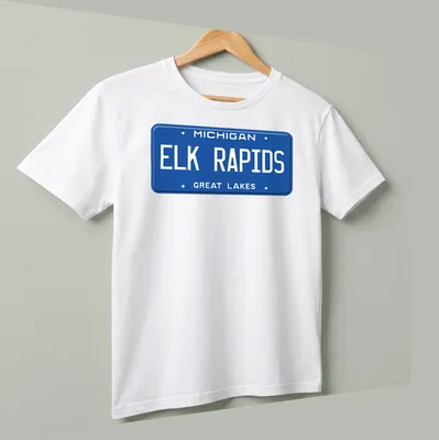 Vintage-style Elk Rapids Michigan T-shirt featuring license plate design — printed on a unisex t-shirt (angled view)