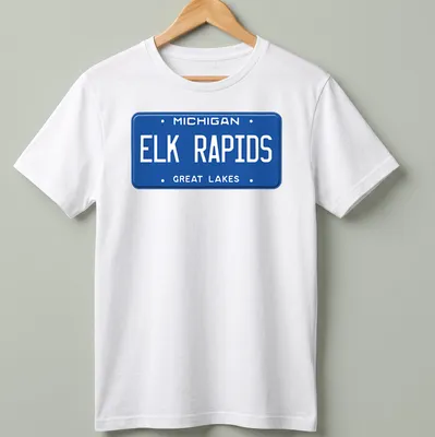Vintage-style Elk Rapids Michigan T-shirt featuring license plate design