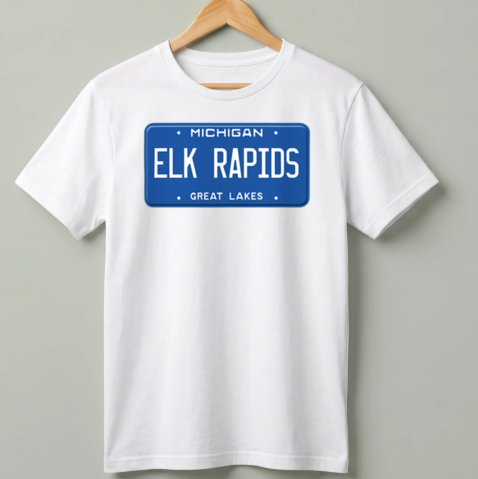 Vintage-style Elk Rapids Michigan T-shirt featuring license plate design — printed on a unisex t-shirt