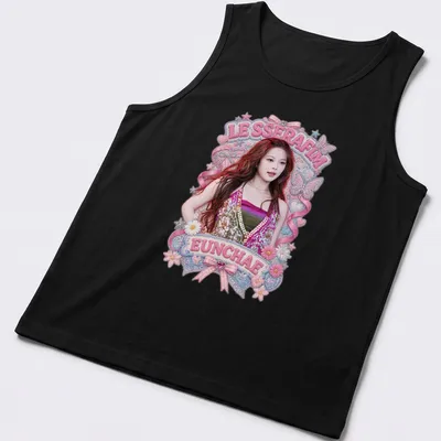 Cute illustration of Eunchae in a summer outfit with LE SSERAFIM text — printed on a tank top