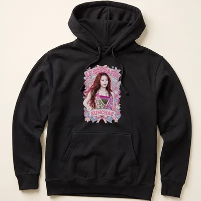 Cute illustration of Eunchae in a summer outfit with LE SSERAFIM text — printed on a unisex hoodie