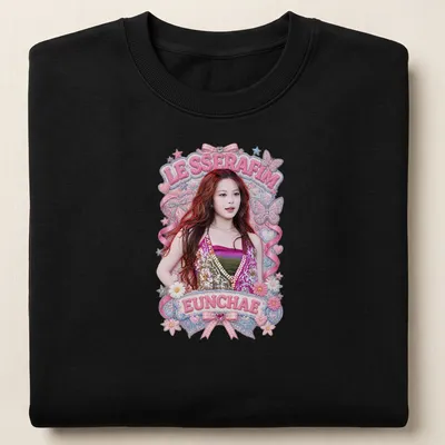 Cute illustration of Eunchae in a summer outfit with LE SSERAFIM text — printed on a unisex sweatshirt
