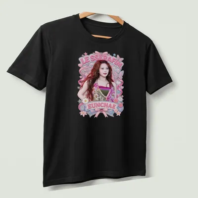 Cute illustration of Eunchae in a summer outfit with LE SSERAFIM text — printed on a unisex t-shirt (angled view)