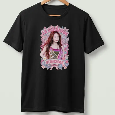 Cute illustration of Eunchae in a summer outfit with LE SSERAFIM text