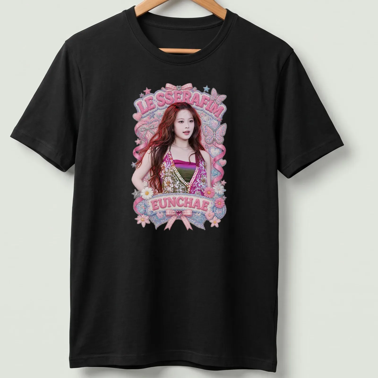Cute illustration of Eunchae in a summer outfit with LE SSERAFIM text — printed on a unisex t-shirt