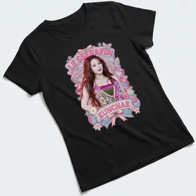 Cute illustration of Eunchae in a summer outfit with LE SSERAFIM text — printed on a women's shirt
