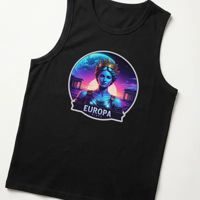 Vibrant digital art t-shirt featuring a regal goddess with text 'EUROPA RISES' — printed on a tank top