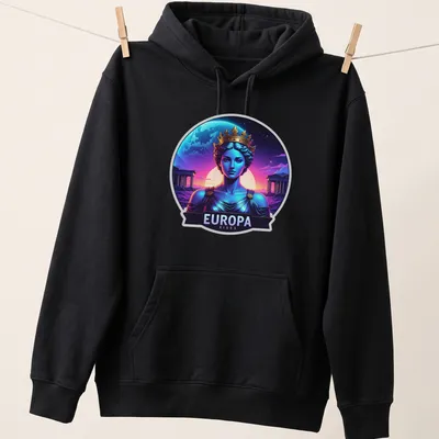 Vibrant digital art t-shirt featuring a regal goddess with text 'EUROPA RISES' — printed on a unisex hoodie
