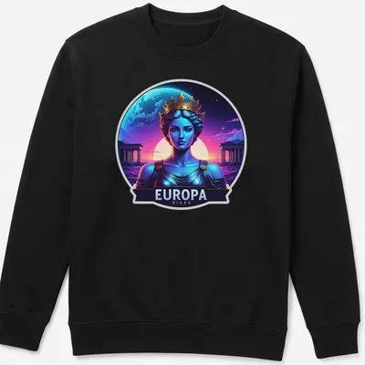 Vibrant digital art t-shirt featuring a regal goddess with text 'EUROPA RISES' — printed on a unisex sweatshirt