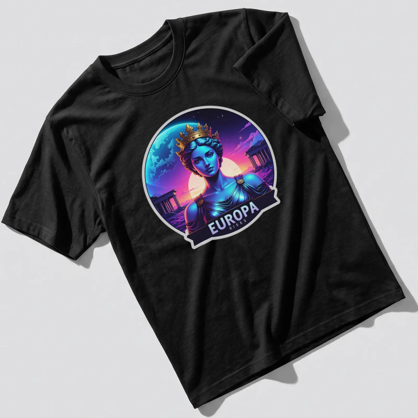 Vibrant digital art t-shirt featuring a regal goddess with text 'EUROPA RISES' — printed on a unisex t-shirt