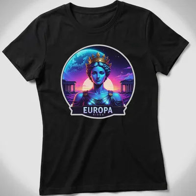 Vibrant digital art t-shirt featuring a regal goddess with text 'EUROPA RISES' — printed on a women's shirt