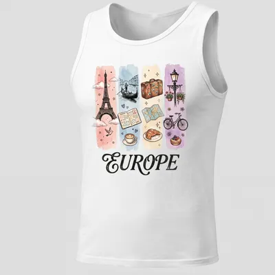 Illustrative watercolor design featuring Eiffel Tower, coffee, and croissant with 'EUROPE' text. — printed on a tank top