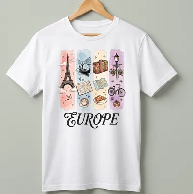 Illustrative watercolor design featuring Eiffel Tower, coffee, and croissant with 'EUROPE' text.