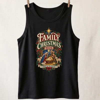Vintage illustration of the Nativity scene with text for Family Christmas 2026. — printed on a tank top