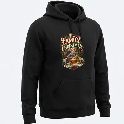 Vintage illustration of the Nativity scene with text for Family Christmas 2026. — printed on a unisex hoodie