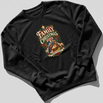 Vintage illustration of the Nativity scene with text for Family Christmas 2026. — printed on a unisex sweatshirt