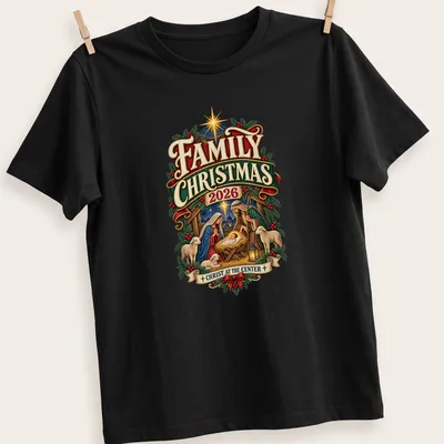 Vintage illustration of the Nativity scene with text for Family Christmas 2026.