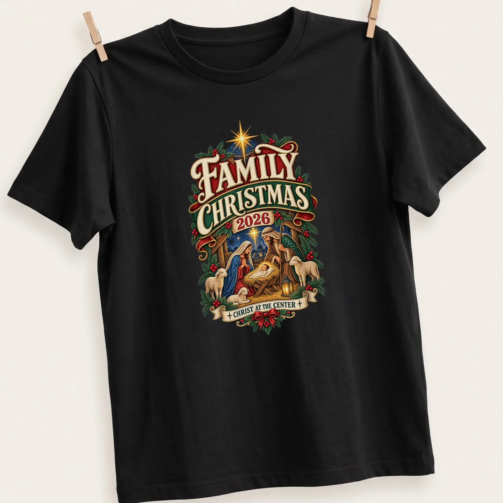 Vintage illustration of the Nativity scene with text for Family Christmas 2026. — printed on a unisex t-shirt