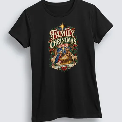 Vintage illustration of the Nativity scene with text for Family Christmas 2026. — printed on a women's shirt