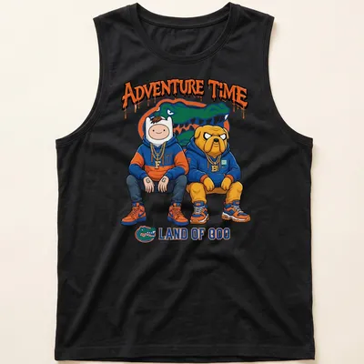 Cartoon-style t-shirt featuring Finn and Jake from Adventure Time with colorful design elements — printed on a tank top