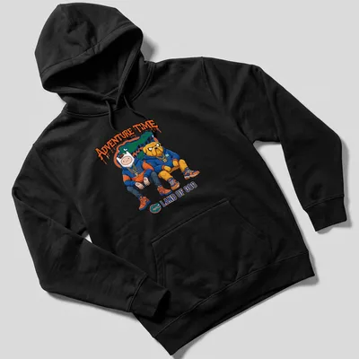 Cartoon-style t-shirt featuring Finn and Jake from Adventure Time with colorful design elements — printed on a unisex hoodie