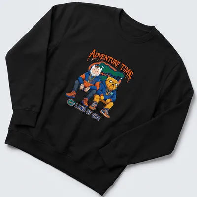 Cartoon-style t-shirt featuring Finn and Jake from Adventure Time with colorful design elements — printed on a unisex sweatshirt