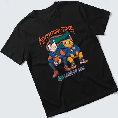 Cartoon-style t-shirt featuring Finn and Jake from Adventure Time with colorful design elements