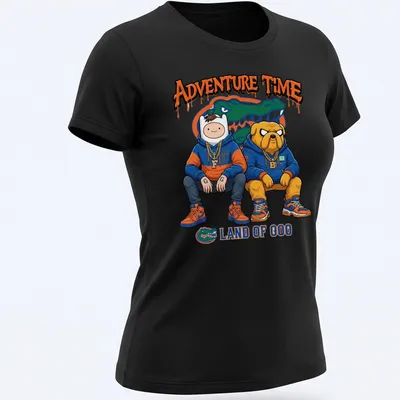 Cartoon-style t-shirt featuring Finn and Jake from Adventure Time with colorful design elements — printed on a women's shirt