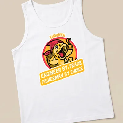 Cartoon fish design with the text Engineer By Trade Fisherman By Choice in bold colors — printed on a tank top