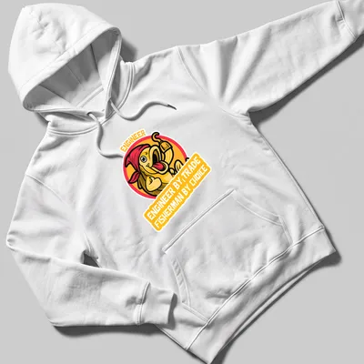 Cartoon fish design with the text Engineer By Trade Fisherman By Choice in bold colors — printed on a unisex hoodie