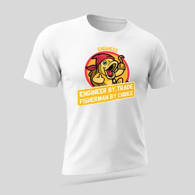 Cartoon fish design with the text Engineer By Trade Fisherman By Choice in bold colors — printed on a unisex t-shirt (angled view)