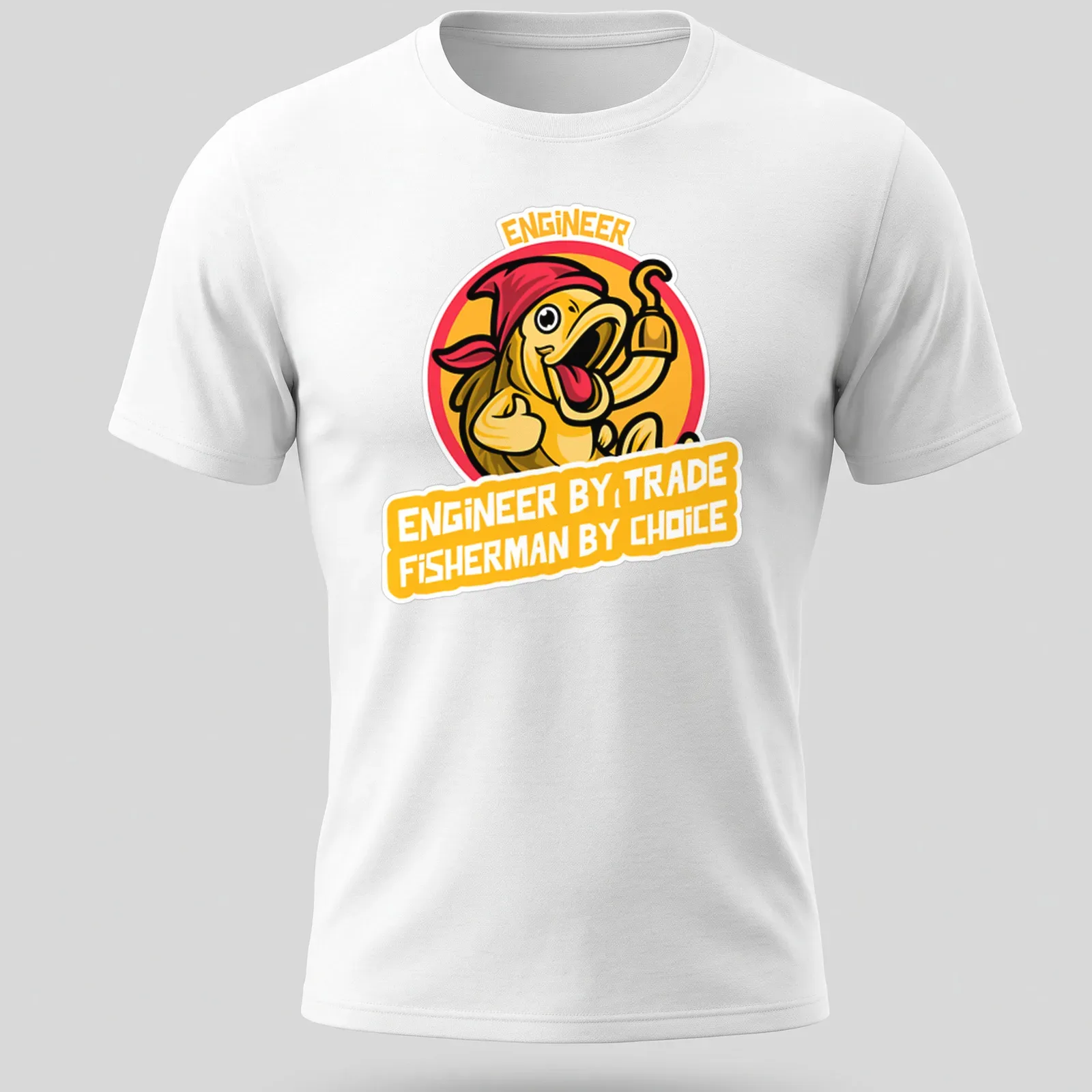 Cartoon fish design with the text Engineer By Trade Fisherman By Choice in bold colors — printed on a unisex t-shirt