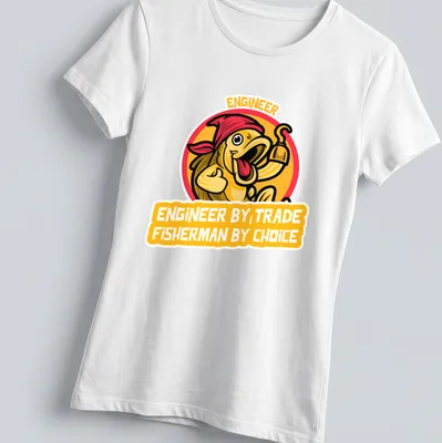 Cartoon fish design with the text Engineer By Trade Fisherman By Choice in bold colors — printed on a women's shirt