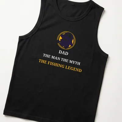 Vintage illustration of a fishing legend with the text 'THE FISHING LEGEND' in yellow, purple, and white. — printed on a tank top