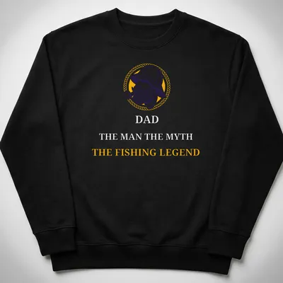 Vintage illustration of a fishing legend with the text 'THE FISHING LEGEND' in yellow, purple, and white. — printed on a unisex sweatshirt