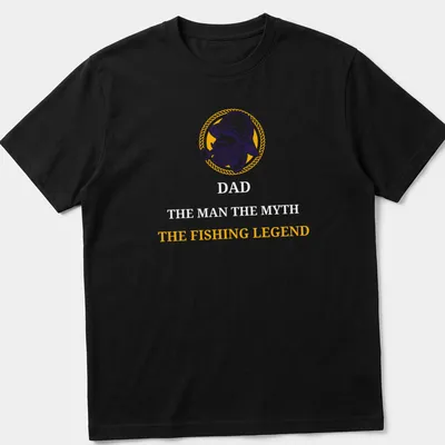 Vintage illustration of a fishing legend with the text 'THE FISHING LEGEND' in yellow, purple, and white.