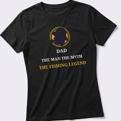 Vintage illustration of a fishing legend with the text 'THE FISHING LEGEND' in yellow, purple, and white. — printed on a women's shirt
